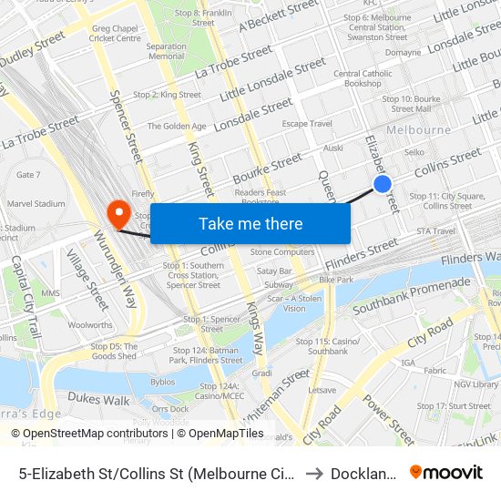 5-Elizabeth St/Collins St (Melbourne City) to Docklands map