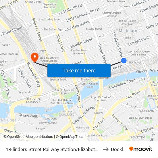 1-Flinders Street Railway Station/Elizabeth St (Melbourne City) to Docklands map