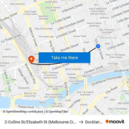 2-Collins St/Elizabeth St (Melbourne City) to Docklands map