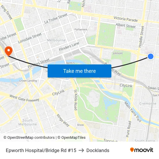 Epworth Hospital/Bridge Rd #15 to Docklands map