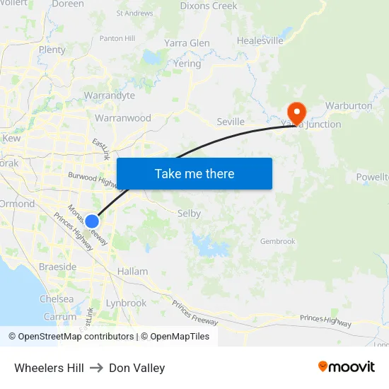 Wheelers Hill to Don Valley map