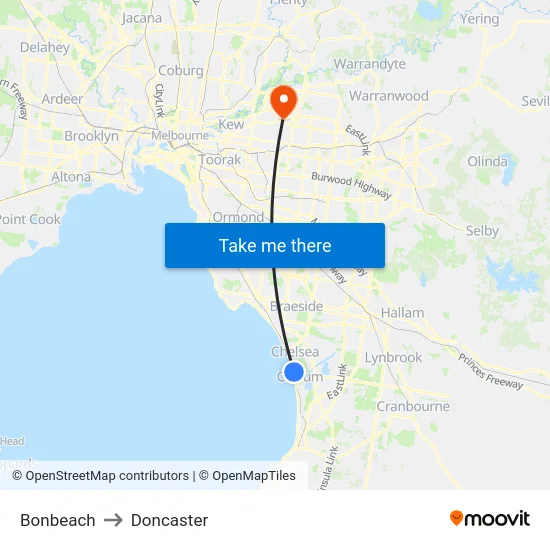 Bonbeach to Doncaster map