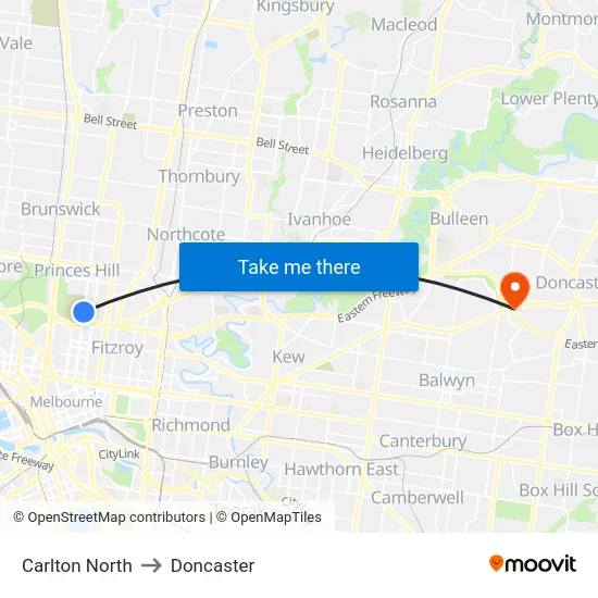 Carlton North to Doncaster map