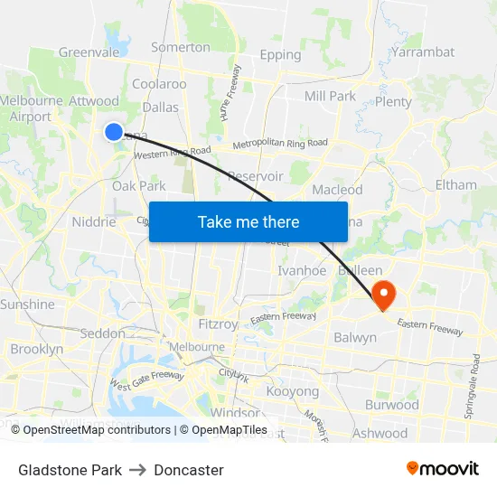 Gladstone Park to Doncaster map