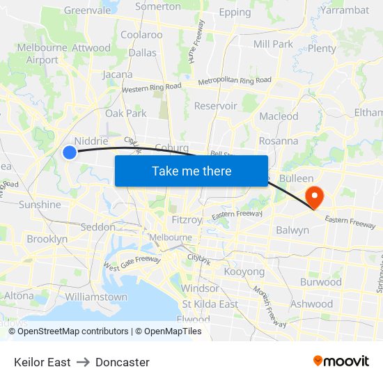 Keilor East to Doncaster map