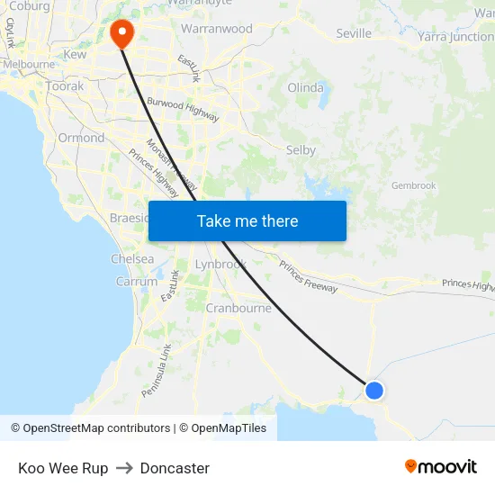 Koo Wee Rup to Doncaster map