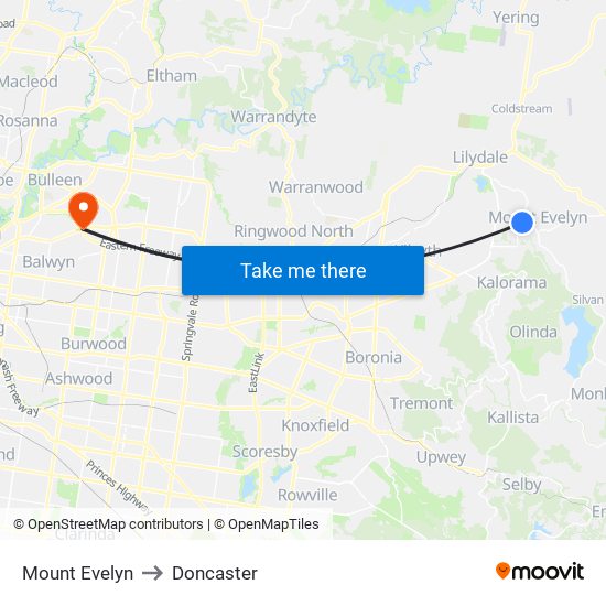 Mount Evelyn to Doncaster map