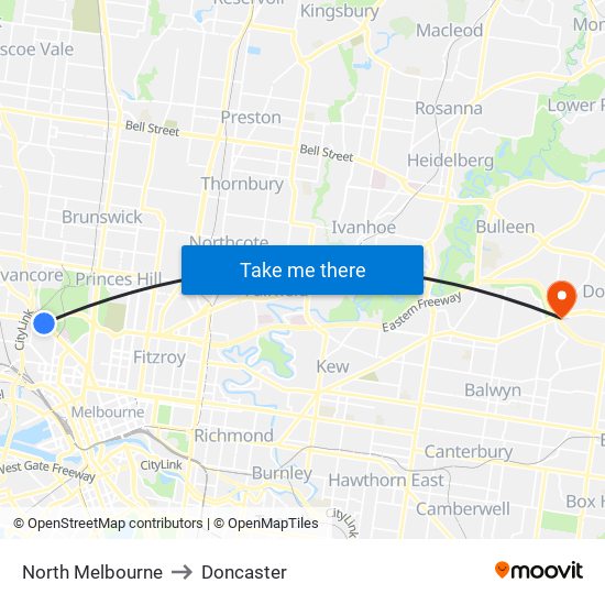 North Melbourne to Doncaster map