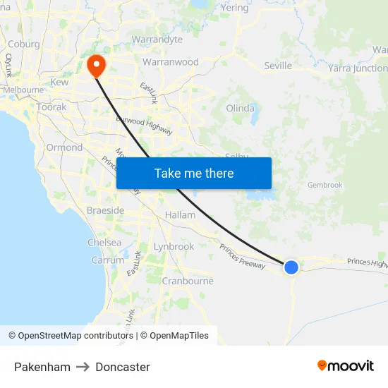 Pakenham to Doncaster map