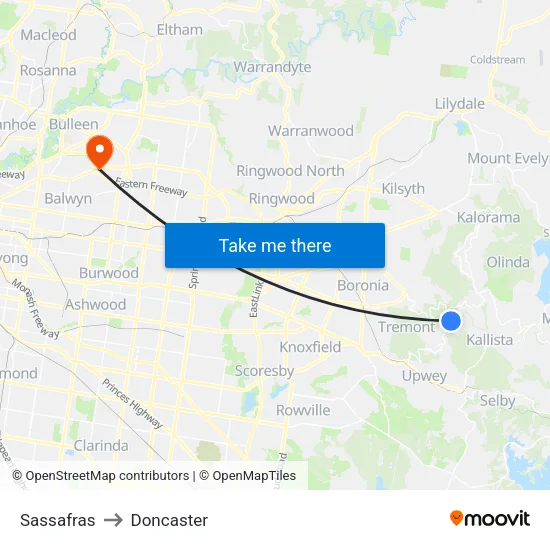 Sassafras to Doncaster map