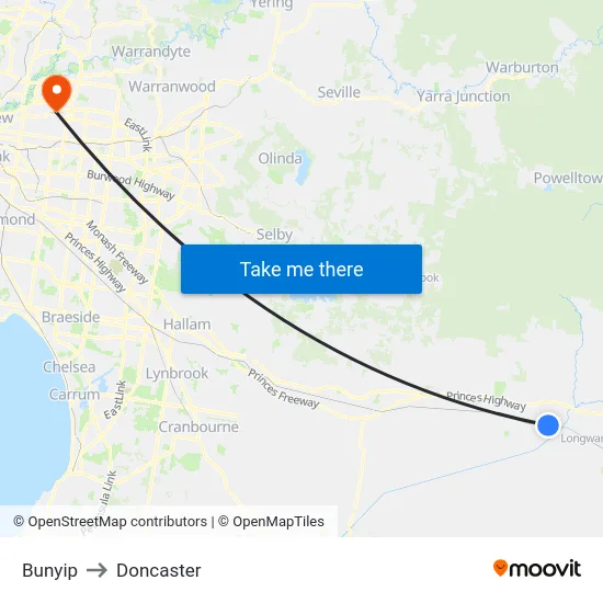 Bunyip to Doncaster map