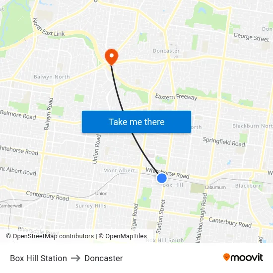 Box Hill Station to Doncaster map