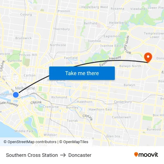 Southern Cross Station to Doncaster map