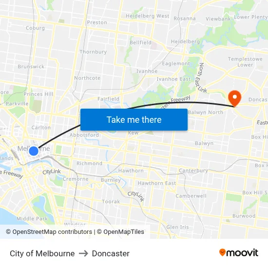 City of Melbourne to Doncaster map