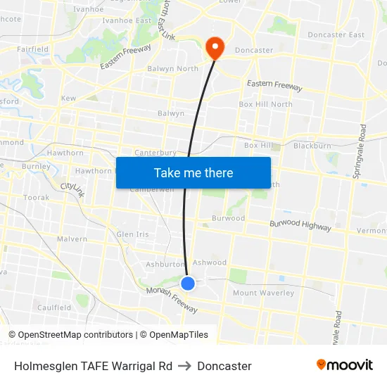 Holmesglen TAFE Warrigal Rd to Doncaster map