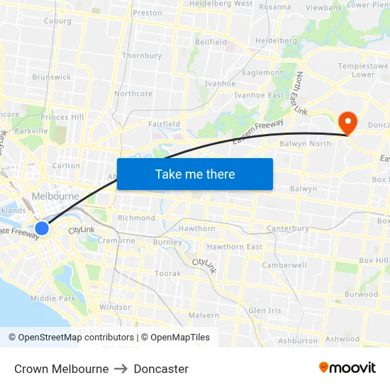 Crown Melbourne to Doncaster map