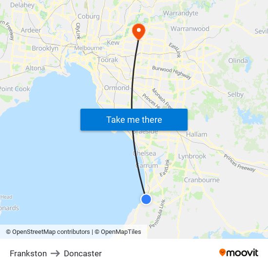 Frankston to Doncaster map