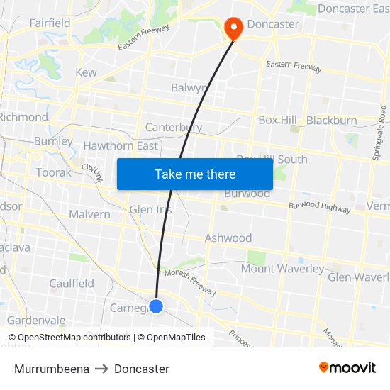 Murrumbeena to Doncaster map