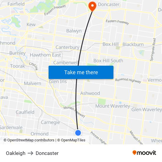 Oakleigh to Doncaster map