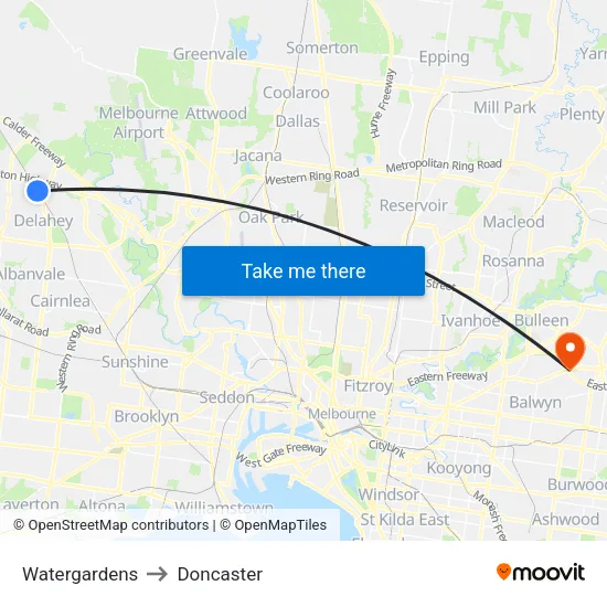 Watergardens to Doncaster map