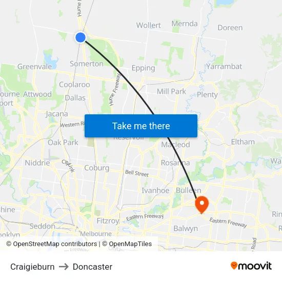 Craigieburn to Doncaster map