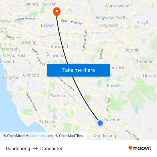 Dandenong to Doncaster map