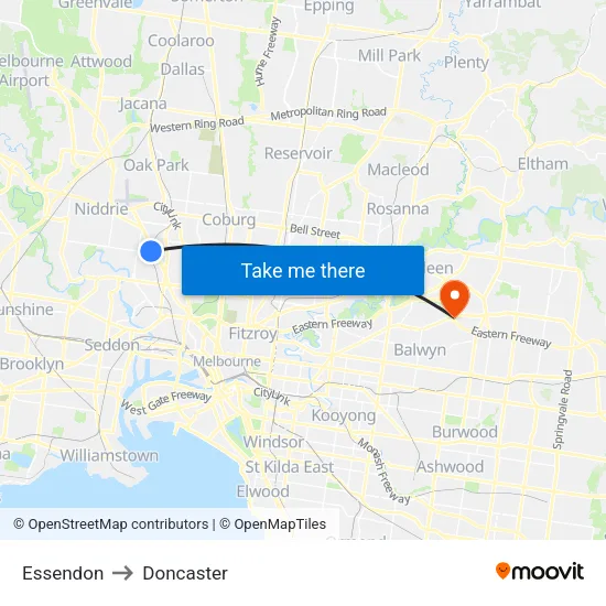 Essendon to Doncaster map