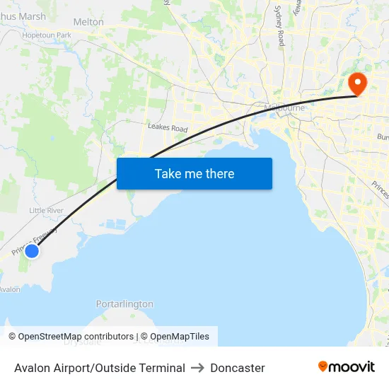 Avalon Airport/Outside Terminal to Doncaster map
