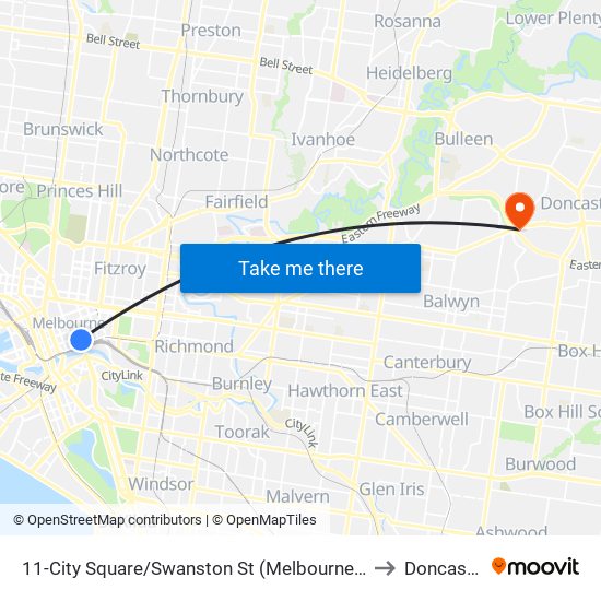 11-City Square/Swanston St (Melbourne City) to Doncaster map