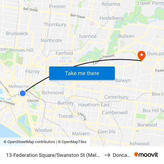 13-Federation Square/Swanston St (Melbourne City) to Doncaster map