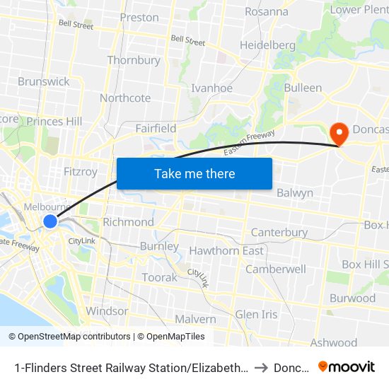 1-Flinders Street Railway Station/Elizabeth St (Melbourne City) to Doncaster map