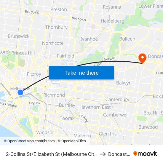 2-Collins St/Elizabeth St (Melbourne City) to Doncaster map