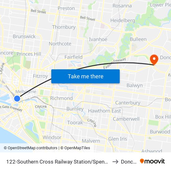 122-Southern Cross Railway Station/Spencer St (Melbourne City) to Doncaster map