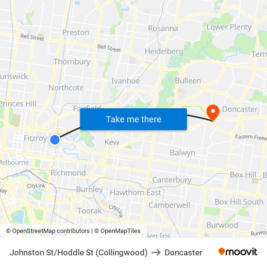 Johnston St/Hoddle St (Collingwood) to Doncaster map