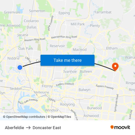 Aberfeldie to Doncaster East map