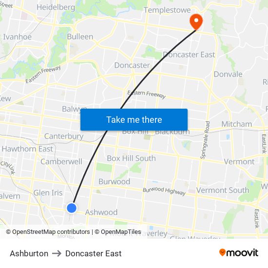 Ashburton to Doncaster East map
