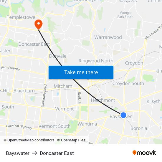 Bayswater to Doncaster East map