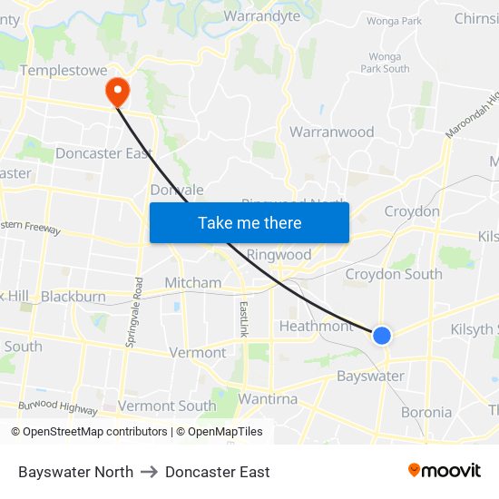 Bayswater North to Doncaster East map