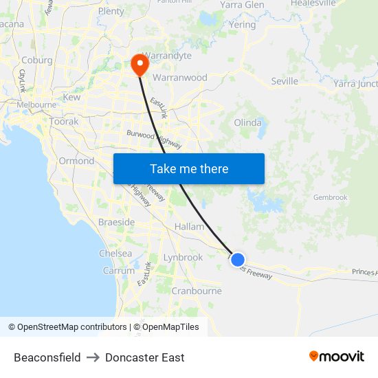 Beaconsfield to Doncaster East map