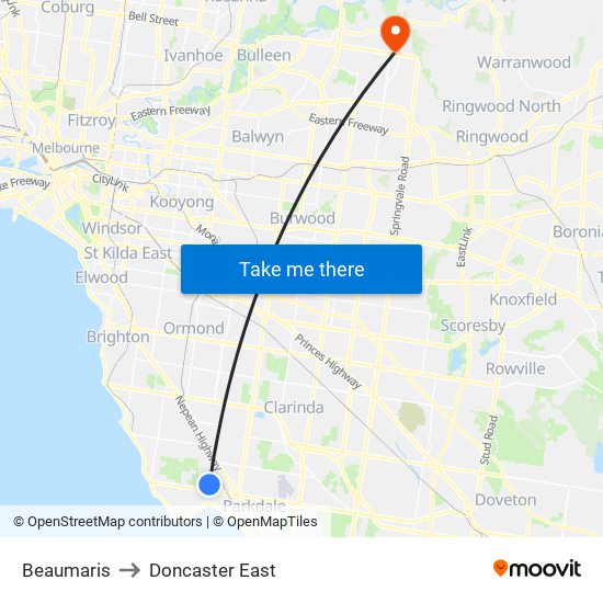 Beaumaris to Doncaster East map