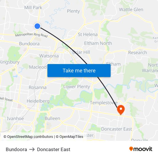 Bundoora to Doncaster East map