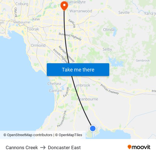 Cannons Creek to Doncaster East map