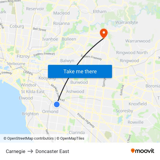 Carnegie to Doncaster East map