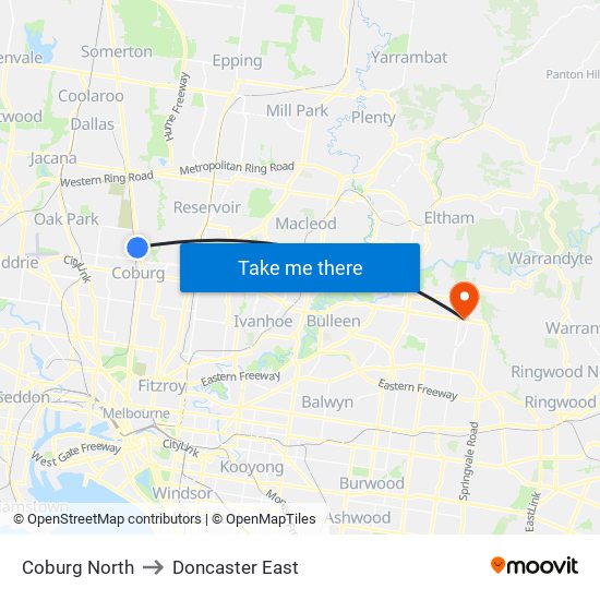 Coburg North to Doncaster East map