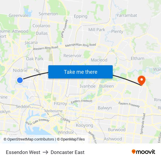 Essendon West to Doncaster East map