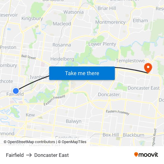 Fairfield to Doncaster East map