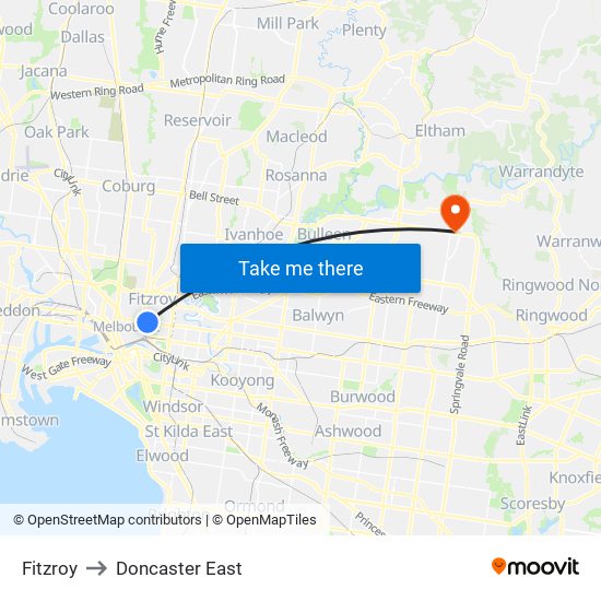 Fitzroy to Doncaster East map