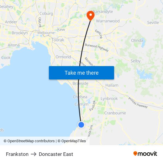 Frankston to Doncaster East map