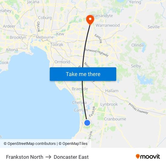 Frankston North to Doncaster East map