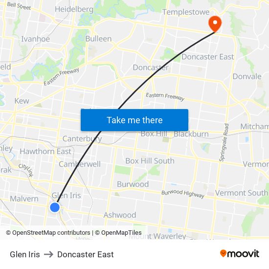 Glen Iris to Doncaster East map